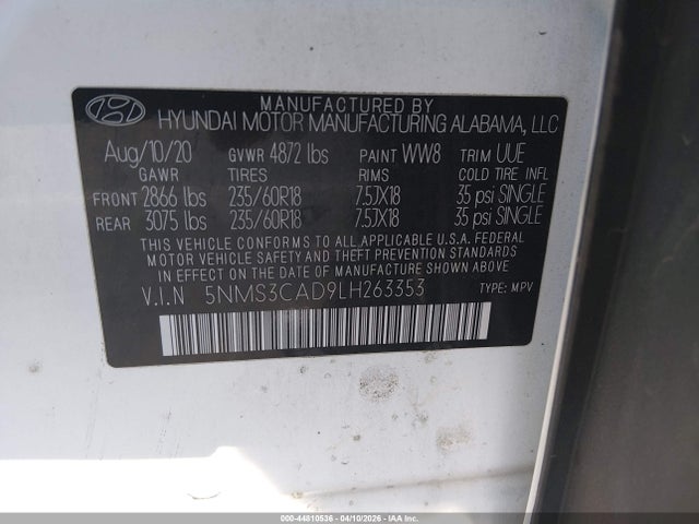 Продажа на аукционе авто 2020 Hyundai Santa Fe Sel, vin: 5NMS3CAD9LH263353, номер лота: 44810536