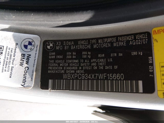 44810537 :رقم المزاد ، WBXPC934X7WF15660 vin ، 2007 Bmw X3 3.0si مزاد بيع