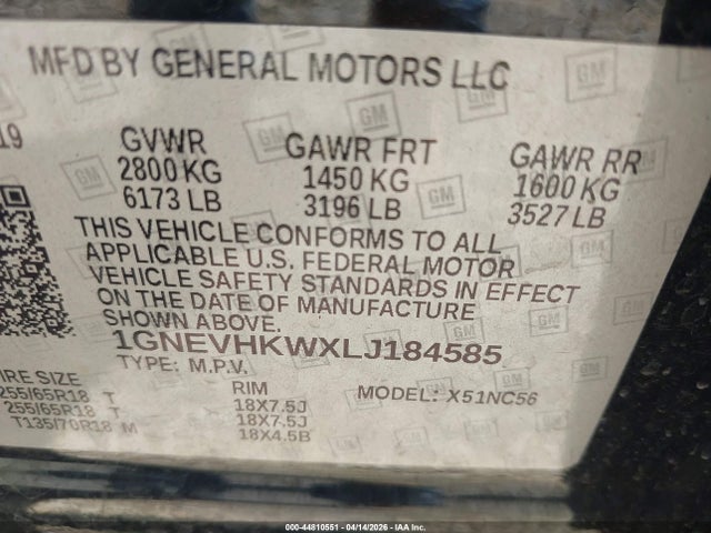 1GNEVHKWXLJ184585 Chevrolet Traverse Awd Lt Leather