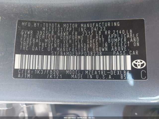 5YFB4MDE9PP038238 Toyota COROLLA LE
