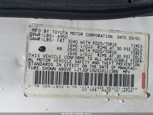 Aukcja sprzedaży 2001 Lexus Rx 300, vin: JTJGF10U310111386, numer aukcji: 44810556