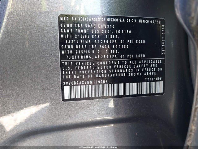 2022 Volkswagen Tiguan 2.0t S მანქანა იყიდება აუქციონზე, vin: 3VV0B7AX7NM119202, აუქციონის ნომერი: 44810561