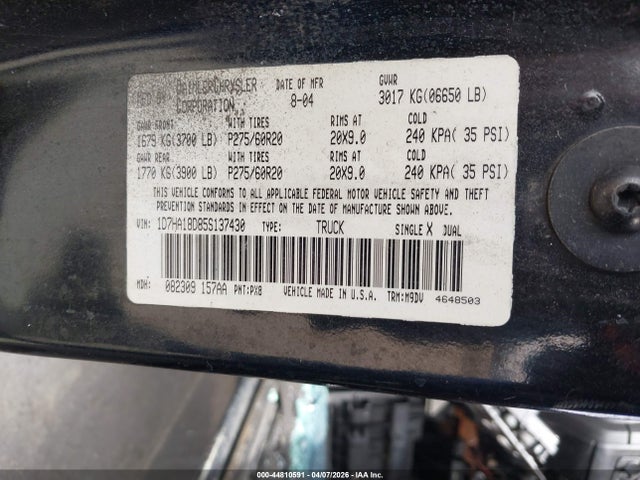 44810591 :رقم المزاد ، 1D7HA18D85S137430 vin ، 2005 Dodge Ram 1500 Slt/laramie مزاد بيع