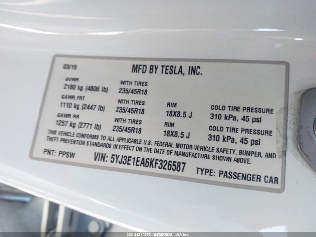 2019 Tesla Model 3 Long Range/mid Range/standard Range/standard Range Plus მანქანა იყიდება აუქციონზე, vin: 5YJ3E1EA6KF326587, აუქციონის ნომერი: 44810593