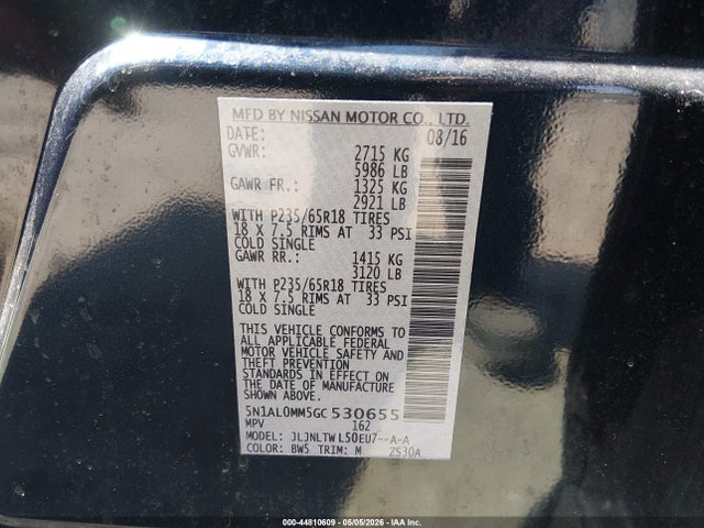 44810609 :رقم المزاد ، 5N1AL0MM5GC530655 vin ، 2016 Infiniti Qx60 مزاد بيع