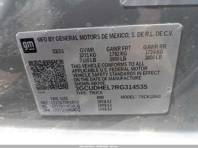 3GCUDHEL7RG314535 Chevrolet Silverado 1500 4wd Short Bed Zr2