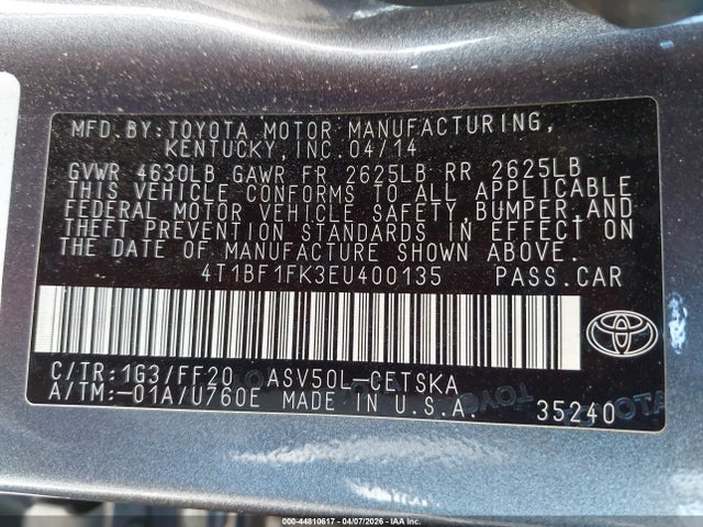 44810617 :رقم المزاد ، 4T1BF1FK3EU400135 vin ، 2014 Toyota Camry Se مزاد بيع