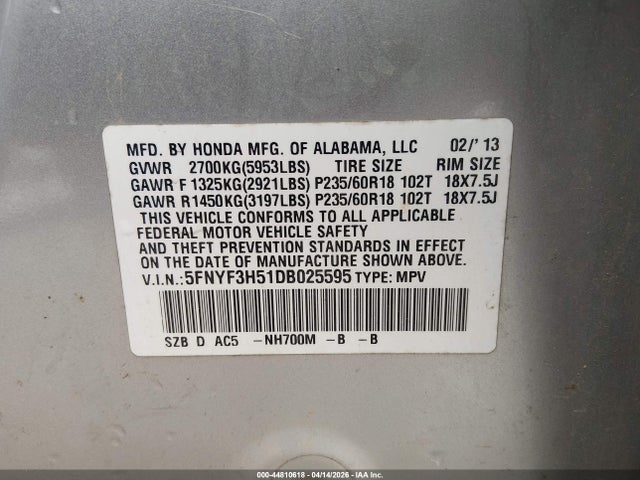 44810618 :رقم المزاد ، 5FNYF3H51DB025595 vin ، 2013 Honda Pilot Ex-l مزاد بيع