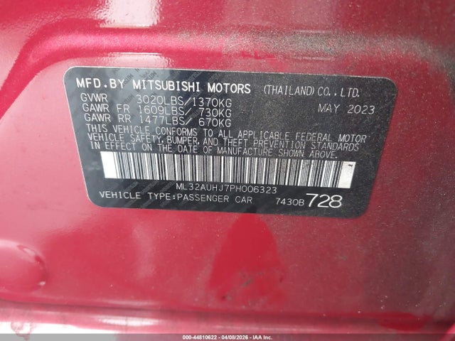 Aukcja sprzedaży 2023 Mitsubishi Mirage Es, vin: ML32AUHJ7PH006323, numer aukcji: 44810622