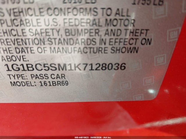 Auction sale of the 2019 Chevrolet Cruze Ls, vin: 1G1BC5SM1K7128036, lot number: 44810623