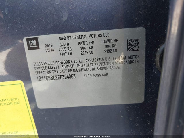 44810643 :رقم المزاد ، 1G11C5SL2EF304363 vin ، 2014 Chevrolet Malibu 1lt مزاد بيع