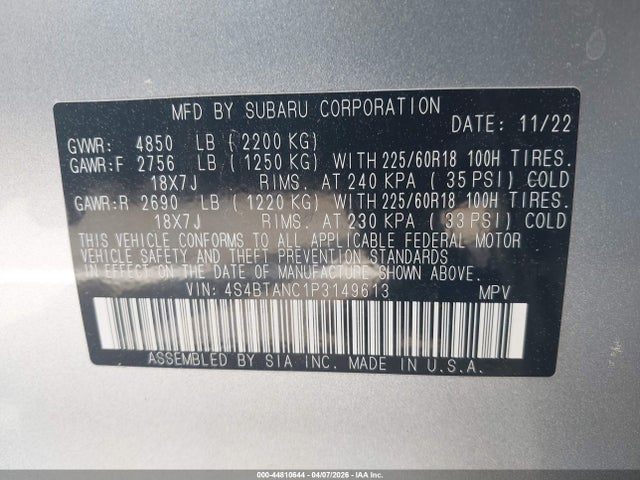 Aukcja sprzedaży 2023 Subaru Outback Limited, vin: 4S4BTANC1P3149613, numer aukcji: 44810644