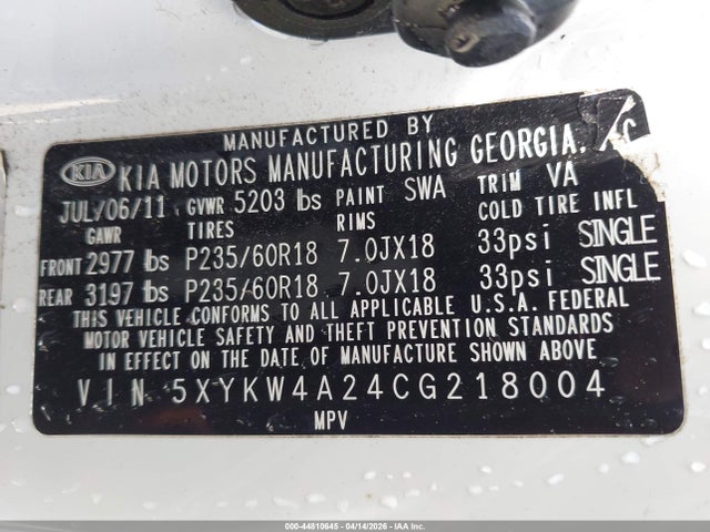 44810645 :رقم المزاد ، 5XYKW4A24CG218004 vin ، 2012 Kia Sorento Sx V6 مزاد بيع