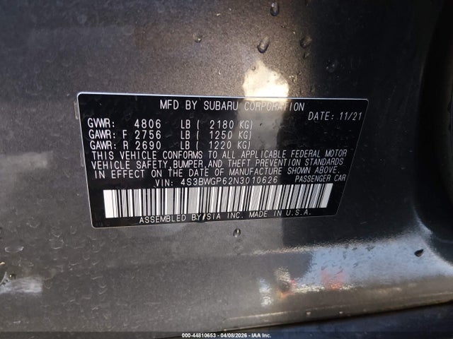 2022 Subaru Legacy Touring Xt მანქანა იყიდება აუქციონზე, vin: 4S3BWGP62N3010626, აუქციონის ნომერი: 44810653