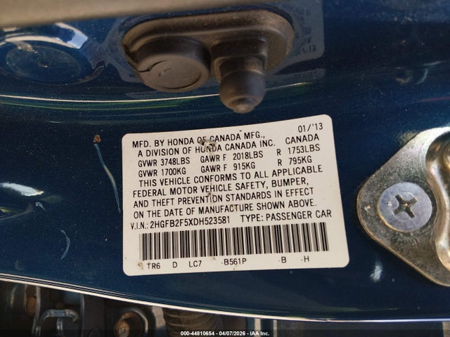 Aukcja sprzedaży 2013 Honda Civic Lx, vin: 2HGFB2F5XDH523581, numer aukcji: 44810654