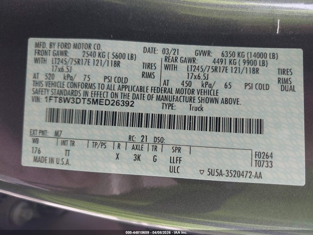 44810659 :رقم المزاد ، 1FT8W3DT5MED26392 vin ، 2021 Ford F-350 Limited مزاد بيع