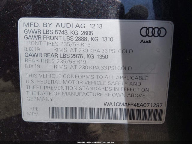 2014 Audi Q5 3.0 Tdi Premium Plus მანქანა იყიდება აუქციონზე, vin: WA1CMAFP4EA071287, აუქციონის ნომერი: 44810664