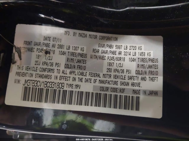 Aukcja sprzedaży 2011 Mazda Cx-9 Touring, vin: JM3TB3CV1B0331809, numer aukcji: 44810676