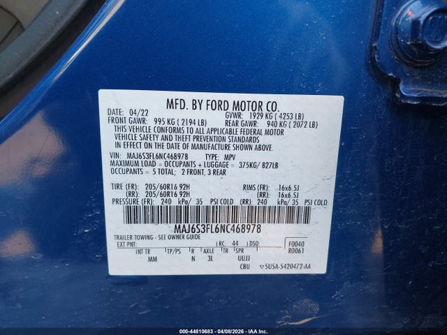 44810683 :رقم المزاد ، MAJ6S3FL6NC468978 vin ، 2022 Ford Ecosport S مزاد بيع