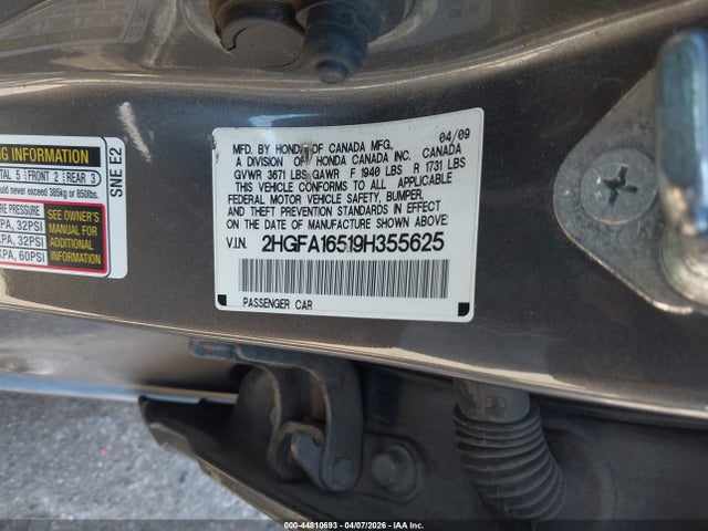 2009 Honda Civic Lx მანქანა იყიდება აუქციონზე, vin: 2HGFA16519H355625, აუქციონის ნომერი: 44810693