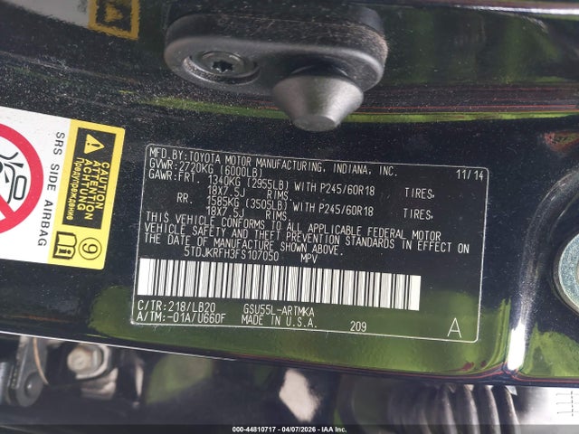 Toyota Highlander Xle V6 2015 5TDJKRFH3FS107050 Image 9
