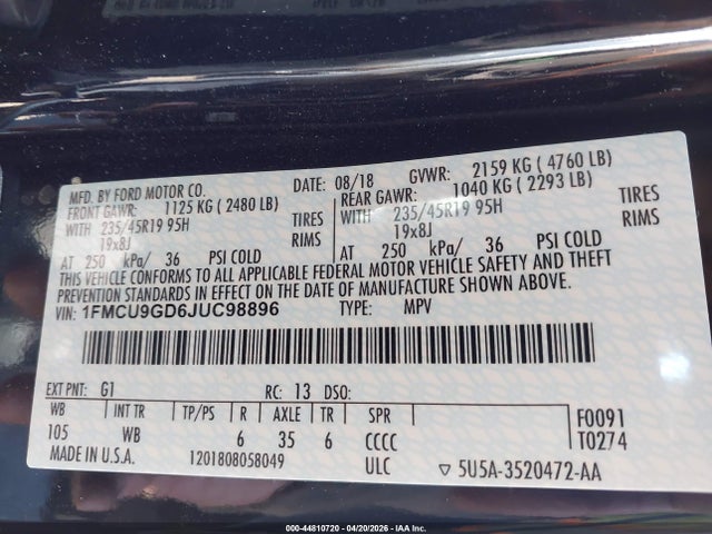 44810720 :رقم المزاد ، 1FMCU9GD6JUC98896 vin ، 2018 Ford Escape Se مزاد بيع