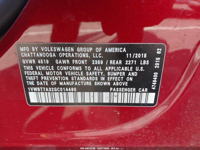 Продажа на аукционе авто 2016 Volkswagen Passat 1.8t Se, vin: 1VWBT7A32GC014490, номер лота: 44810748