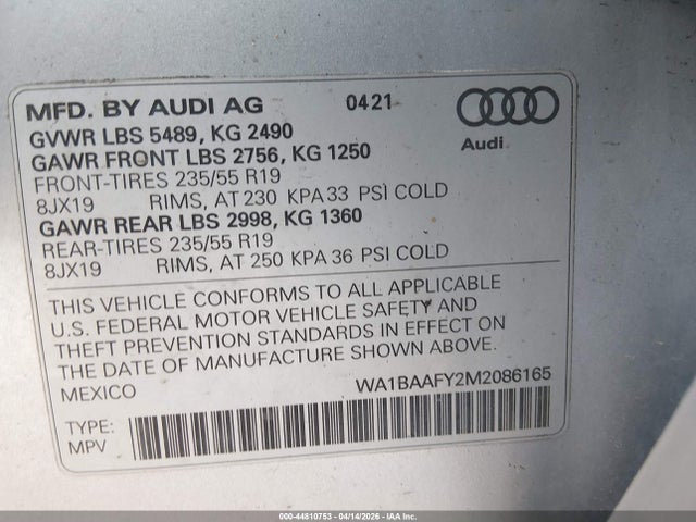 Продажа на аукционе авто 2021 Audi Q5 Premium Plus 45 Tfsi Quattro S Tronic, vin: WA1BAAFY2M2086165, номер лота: 44810753