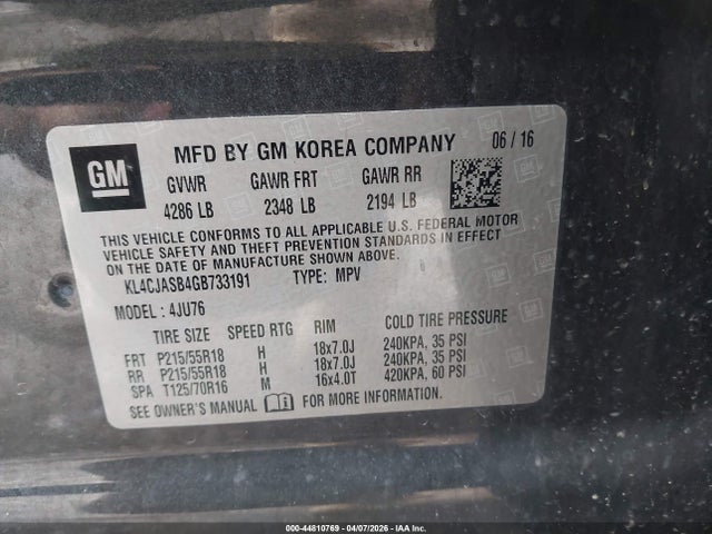 2016 Buick Encore მანქანა იყიდება აუქციონზე, vin: KL4CJASB4GB733191, აუქციონის ნომერი: 44810769