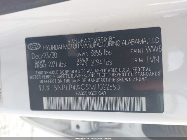 Aukcja sprzedaży 2021 Hyundai Elantra Limited, vin: 5NPLP4AG5MH022550, numer aukcji: 44810776
