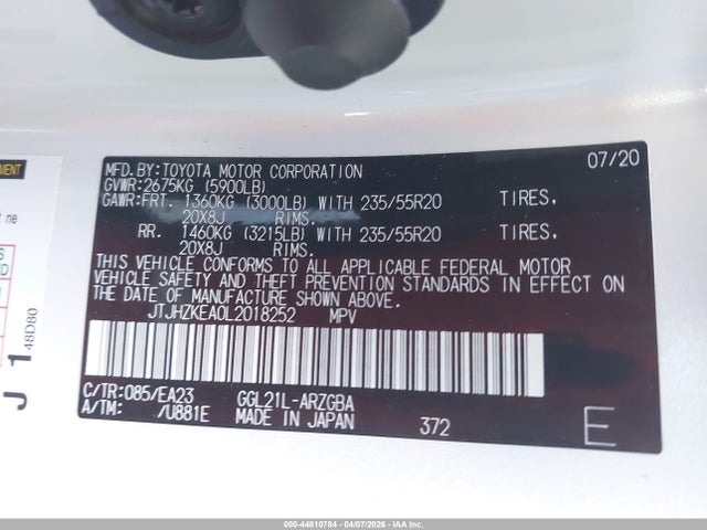 Aukcja sprzedaży 2020 Lexus Rx 350l, vin: JTJHZKEA0L2018252, numer aukcji: 44810784
