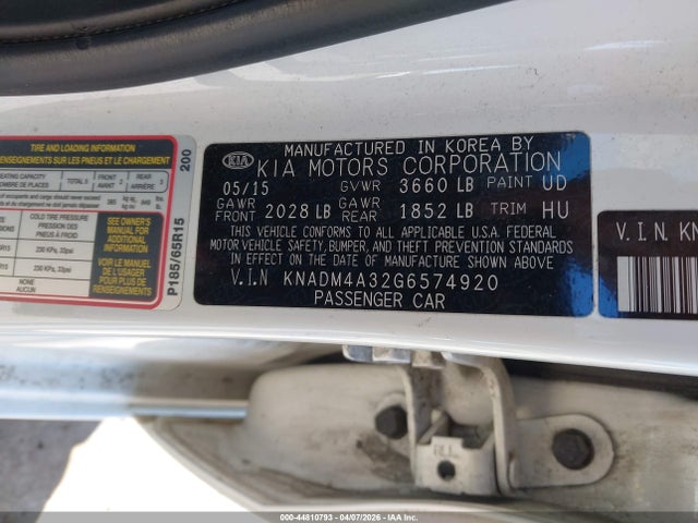 44810793 :رقم المزاد ، KNADM4A32G6574920 vin ، 2016 Kia Rio Lx مزاد بيع