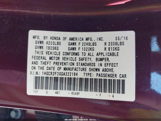 44810799 :رقم المزاد ، 1HGCR2F3XGA222194 vin ، 2016 Honda Accord Lx مزاد بيع