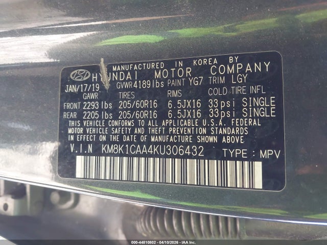 2019 Hyundai Kona Se მანქანა იყიდება აუქციონზე, vin: KM8K1CAA4KU306432, აუქციონის ნომერი: 44810802