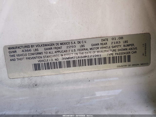 44810817 :رقم المزاد ، 3VWRM71K68M121061 vin ، 2008 Volkswagen Jetta Se/sel مزاد بيع