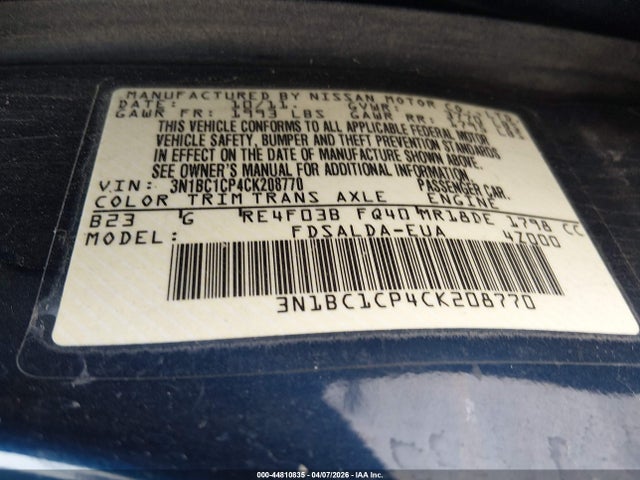 Aukcja sprzedaży 2012 Nissan Versa 1.8 S, vin: 3N1BC1CP4CK208770, numer aukcji: 44810835