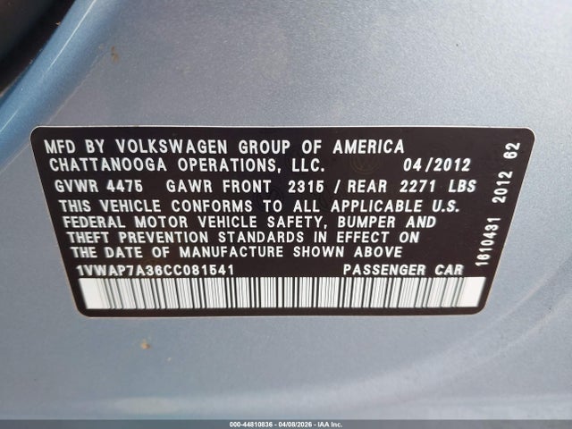 2012 VOLKSWAGEN PASSAT 1VWAP7A36CC081541 Photo 8