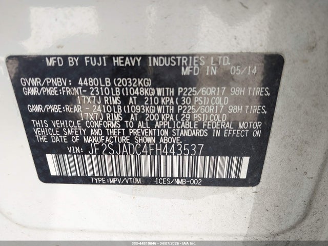 44810846 :رقم المزاد ، JF2SJADC4FH443537 vin ، 2015 Subaru Forester 2.5i Premium مزاد بيع