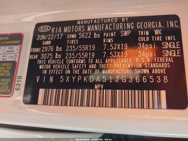 Aukcja sprzedaży 2018 Kia Sorento 3.3l Sx, vin: 5XYPKDA51JG366538, numer aukcji: 44810848