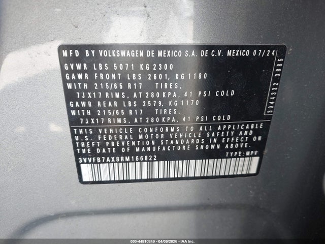 2024 Volkswagen Tiguan 2.0t S მანქანა იყიდება აუქციონზე, vin: 3VVFB7AX8RM166822, აუქციონის ნომერი: 44810849