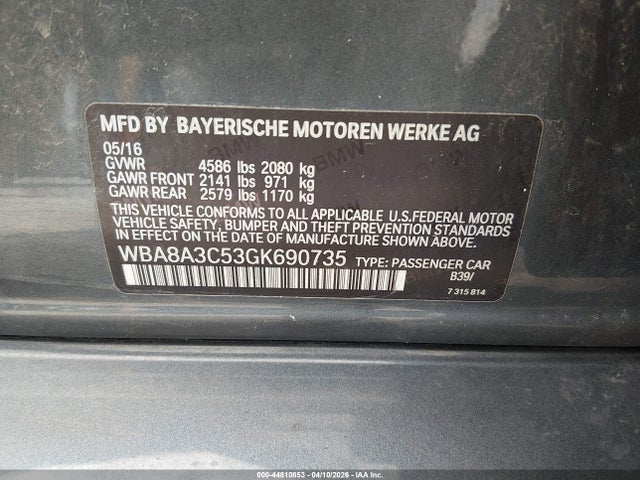 Aukcja sprzedaży 2016 Bmw 320i Xdrive, vin: WBA8A3C53GK690735, numer aukcji: 44810853