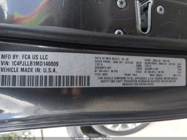2021 Jeep Cherokee Latitude Plus Fwd მანქანა იყიდება აუქციონზე, vin: 1C4PJLLB1MD140809, აუქციონის ნომერი: 44810854