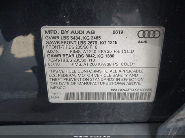 Продаж на аукціоні авто 2019 Audi Q5 45 Premium, vin: WA1ANAFY4K2130888, номер лоту: 44810864