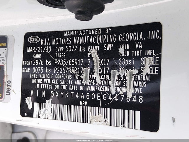 Aukcja sprzedaży 2014 Kia Sorento Lx, vin: 5XYKT4A60EG447648, numer aukcji: 44810865
