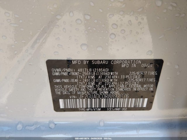 44810874 :رقم المزاد ، JF2GUADC0R8892876 vin ، 2024 Subaru Crosstrek Premium مزاد بيع