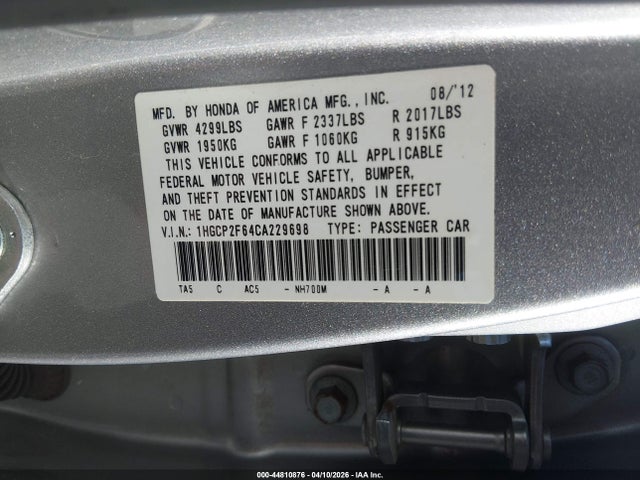 Aukcja sprzedaży 2012 Honda Accord 2.4 Se, vin: 1HGCP2F64CA229698, numer aukcji: 44810876