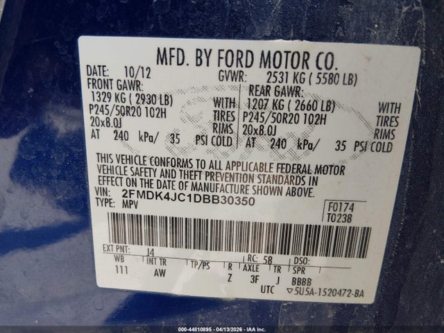 44810895 :رقم المزاد ، 2FMDK4JC1DBB30350 vin ، 2013 Ford Edge Sel مزاد بيع