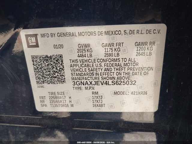 Продажа на аукционе авто 2020 Chevrolet Equinox Fwd 2fl, vin: 3GNAXJEV4LS625032, номер лота: 44810898