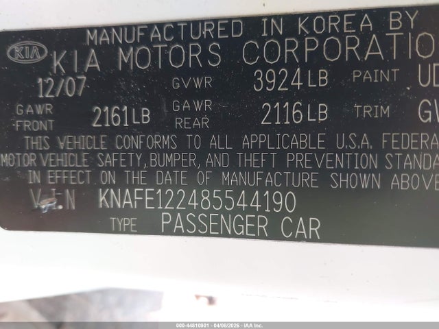 44810901 :رقم المزاد ، KNAFE122485544190 vin ، 2008 Kia Spectra Ex مزاد بيع