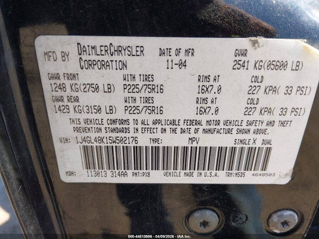 Aukcja sprzedaży 2005 Jeep Liberty Sport, vin: 1J4GL48K15W502176, numer aukcji: 44810906